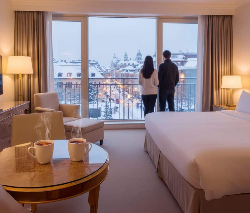 חופשת כריסמס זוגית זוג במלון מול חלון